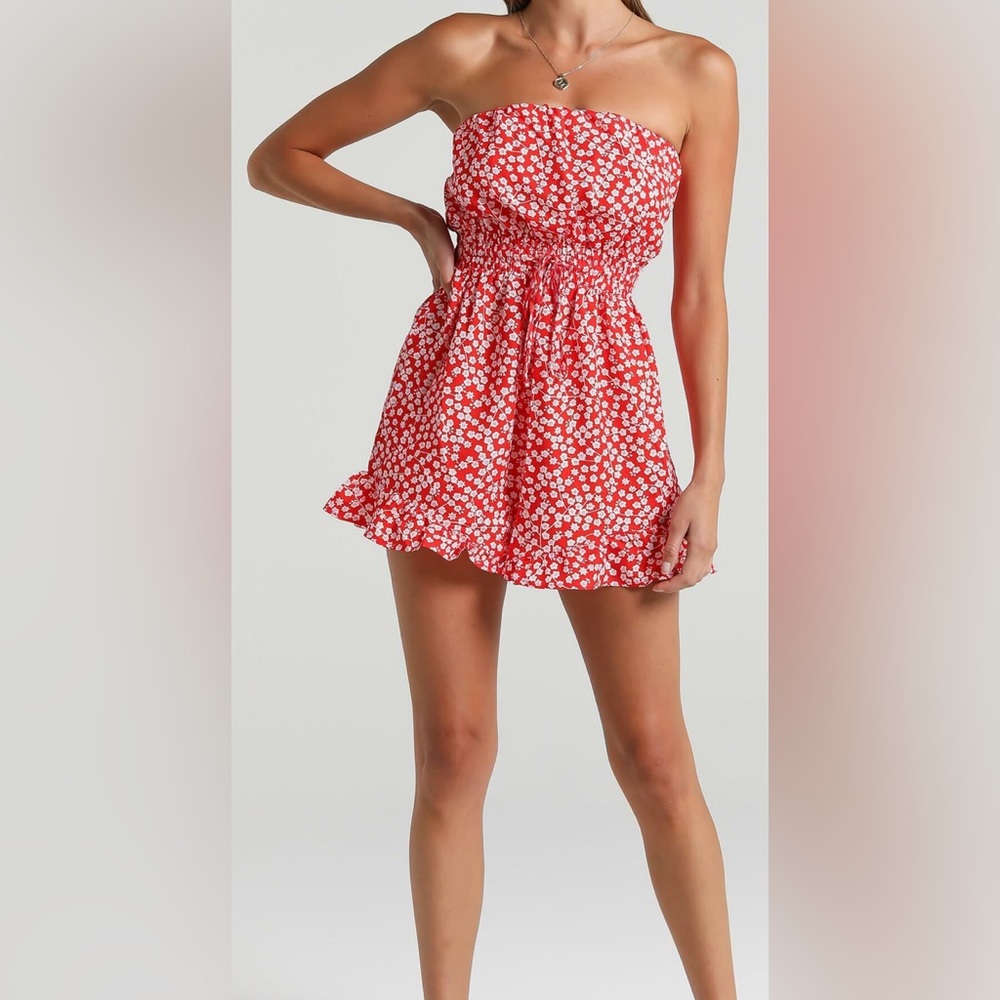 Red & White Floral Strapless Romper